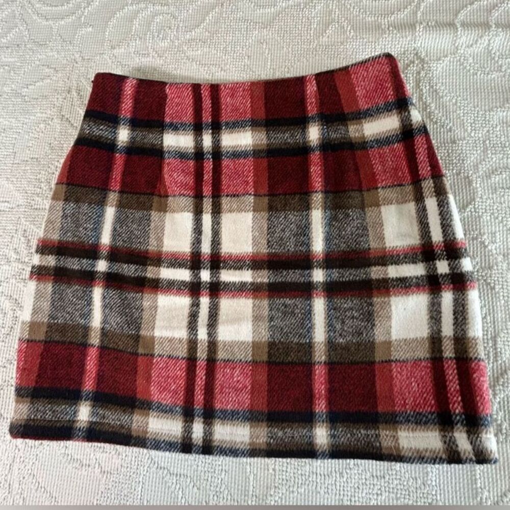 Plaid Wool Blend Mini Skirt Red Black Tan Lined Size S NWT Preppy Academia
